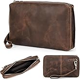 Top Grain Genuine Leather Clutch Wallet with Wristlet for Man & Woman, Handmade Simple Retro Vintage Design, Multi Pockets & Card Slots, RFID Large Capacity for Cards/ID/Checks/Banknote/Phone, Coffee