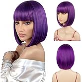 Sarannala Dark Purple Bob Wigs with Flat Bangs Include Wig Cap 12 Inch Heat Resistant Synthetic Fiber Hair for All Women Adults Halloween Costume Colorful Wigs (Dark Purple)