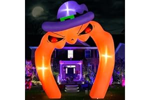 MICOCAH 10 FT Giant Halloween Inflatables Pumpkin Archway Outdoor Decoration with Witch Hat & Red Eyes, Built-in LED Lights Blow Up Halloween Yard Decorations for Holiday, Indoor, Party, Garden