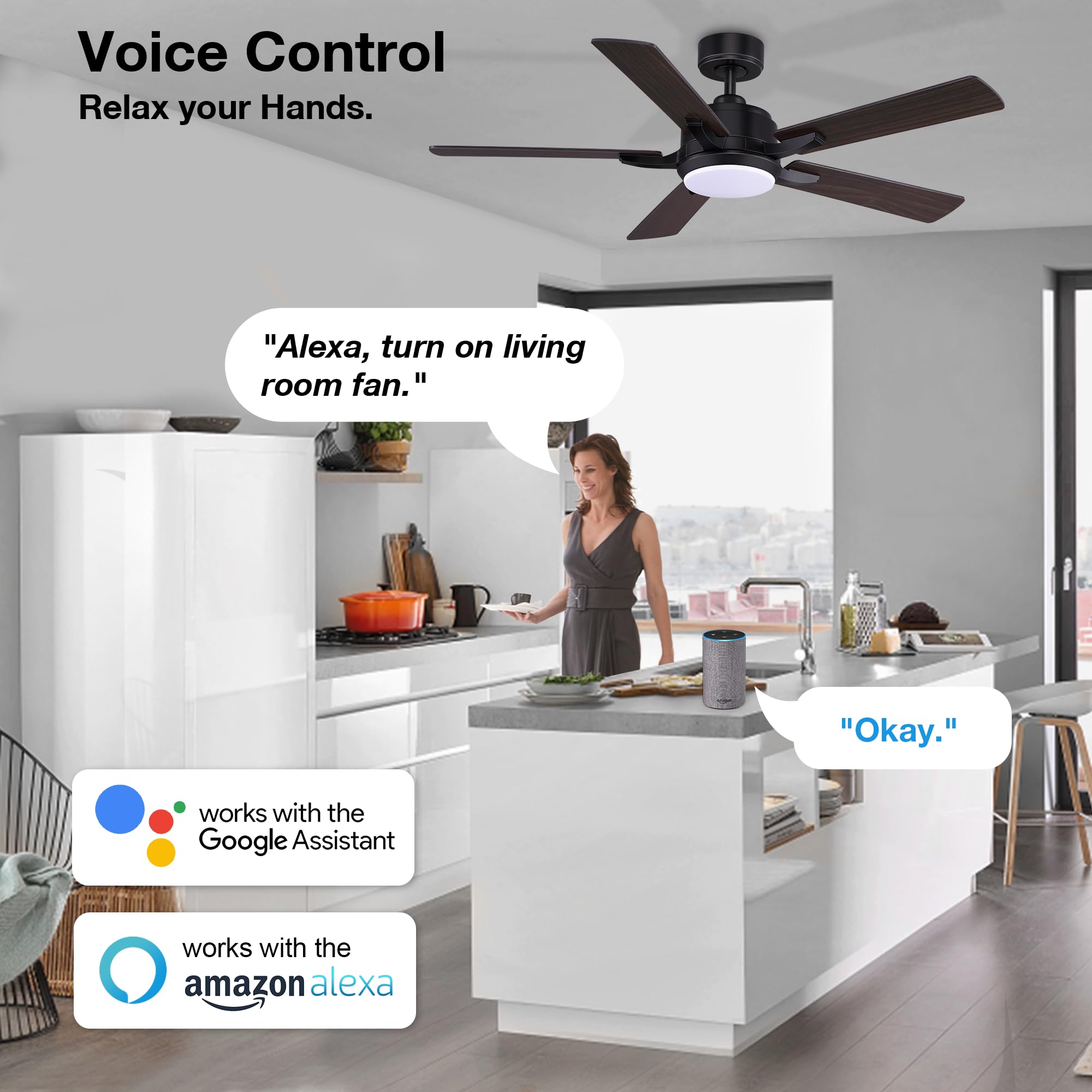 Hoenofly 52” Smart Ceiling Fans with Lights Remote,Quiet DC Motor,Outdoor Indoor Modern Ceiling Fan,Voice Control via WIFI Alexa App,6-speed,Dimmable Ceiling Fan for Bedroom Patio,Black& Walnut Brown
