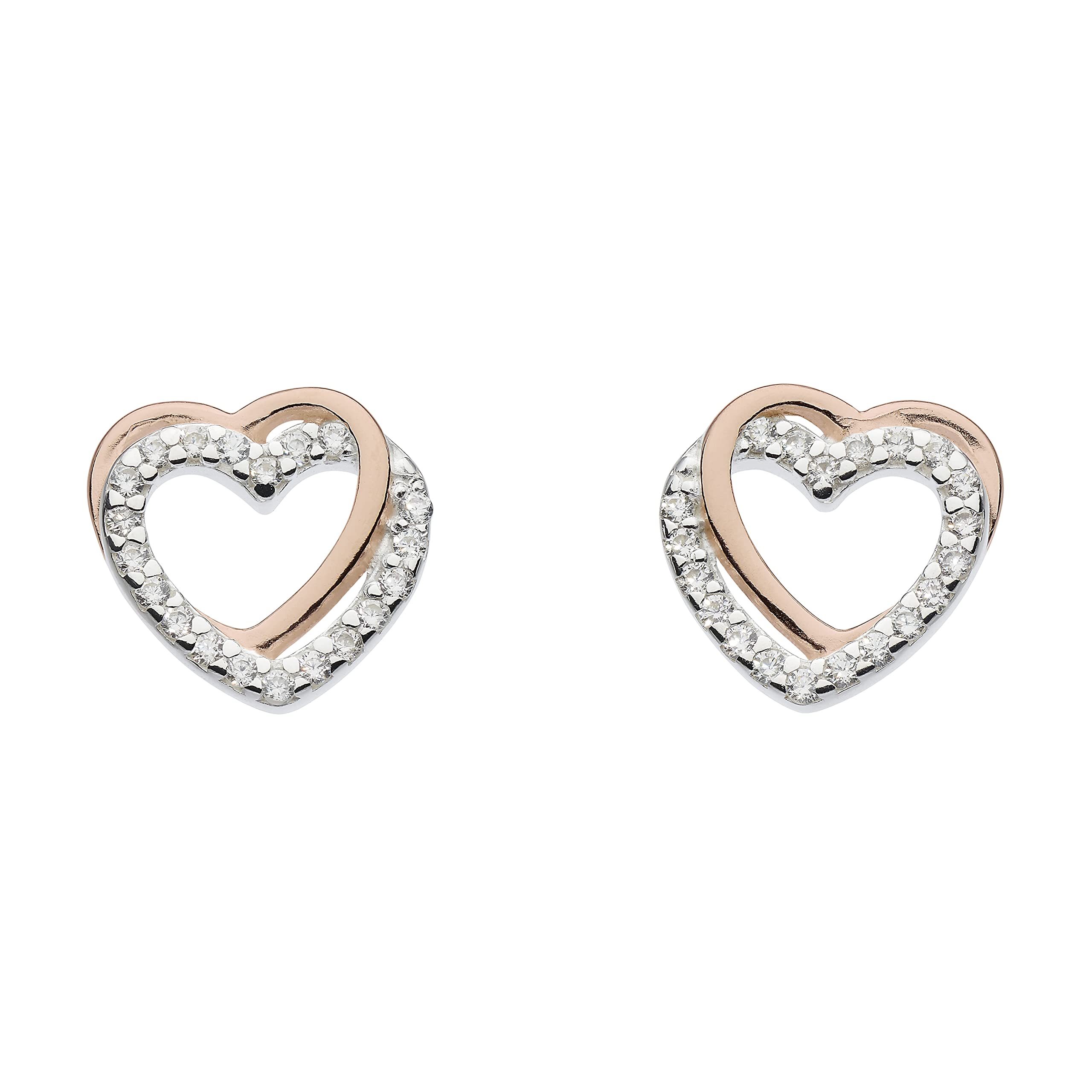 DEW Silver & Rose Gold Sparkling Entwined Heart Stud Earrings – Sterling Silver & Rose Gold Plate, Cute and Romantic Gift Idea