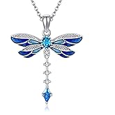 YAFEINI Dragonfly Necklace 925 Sterling Silver Blue/Pink/Yellow/Purple/Green Zircon Dragonfly Pendant Necklace Vintage Bohemian Dragonflies Jewelry Gifts for Women