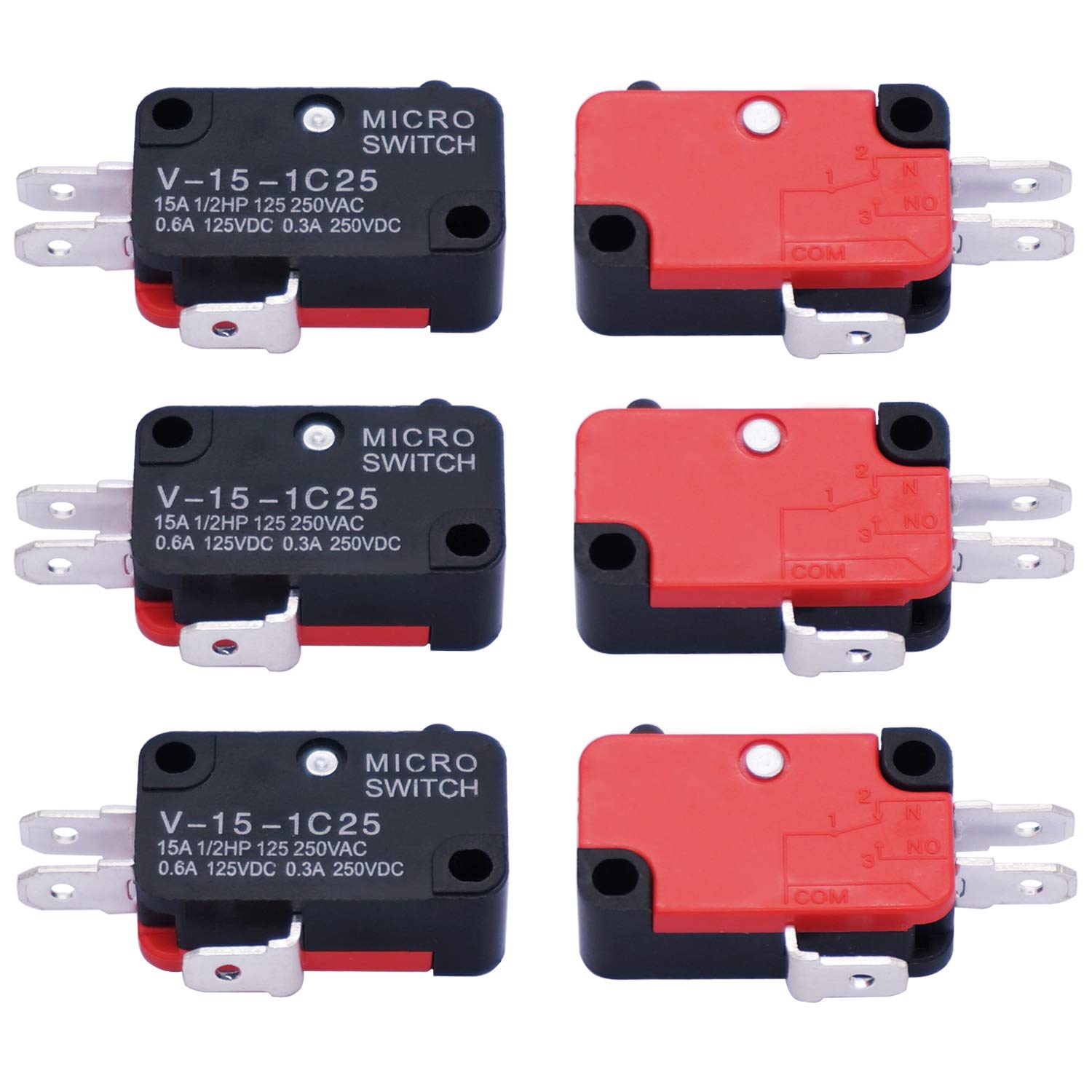mxuteuk 6Pcs 125V/250V 16A SPDT Snap Action Button Micro Limit Switch for Microwave Oven Door Arcade V-15-1C25
