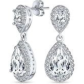 Classic Bridal Simple Cubic Zirconia Teardrop AAA CZ Dangle Drop Earrings For Women Prom 14K Gold Plated .925 Sterling Silver 6 12MM