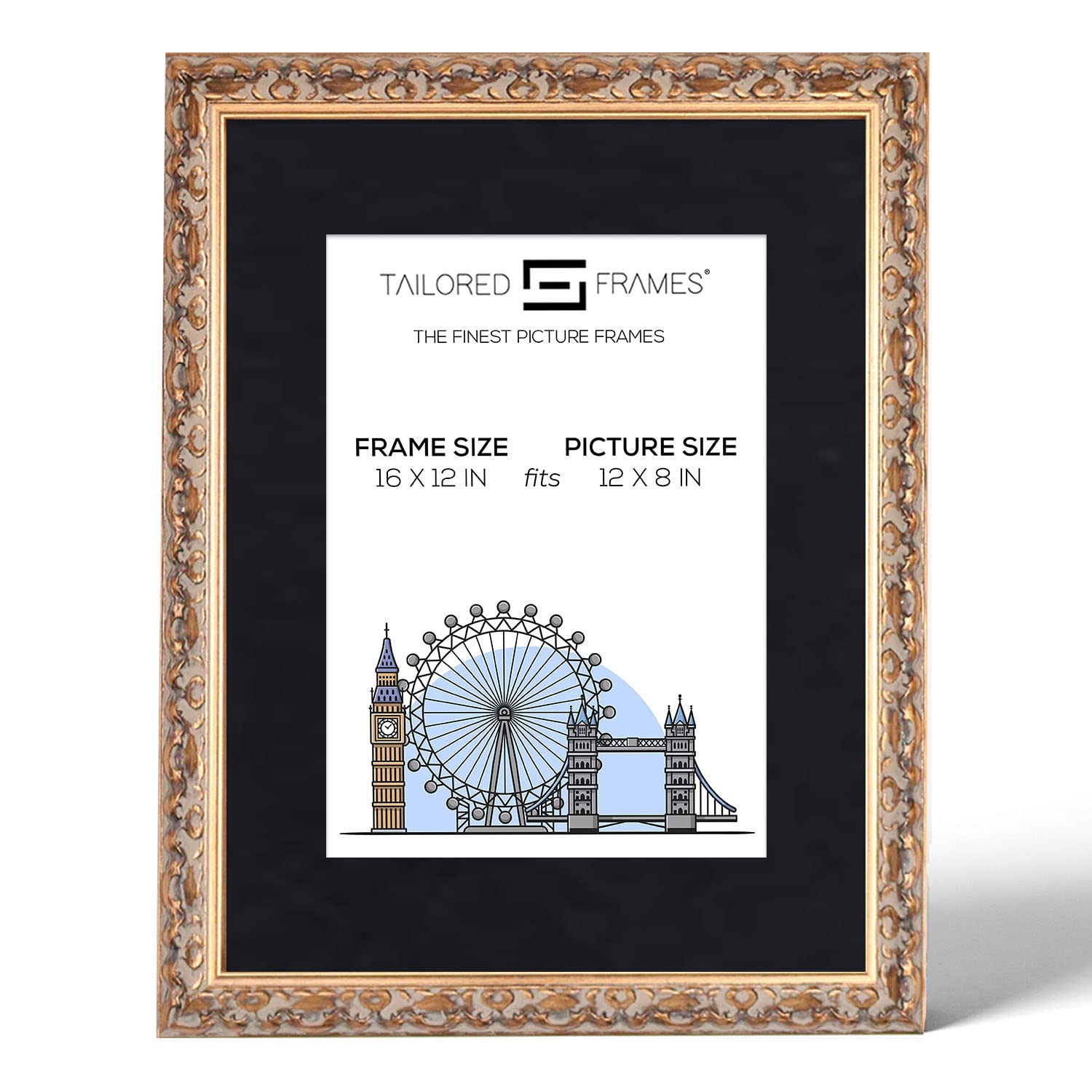 Tailored Frames Vienna Gold 16" x 12" Frame for 12" x 8" Picture | Rustic Style Vintage Single Picture Frame | Wall Hanging Type | Photo Frame with Black Mount