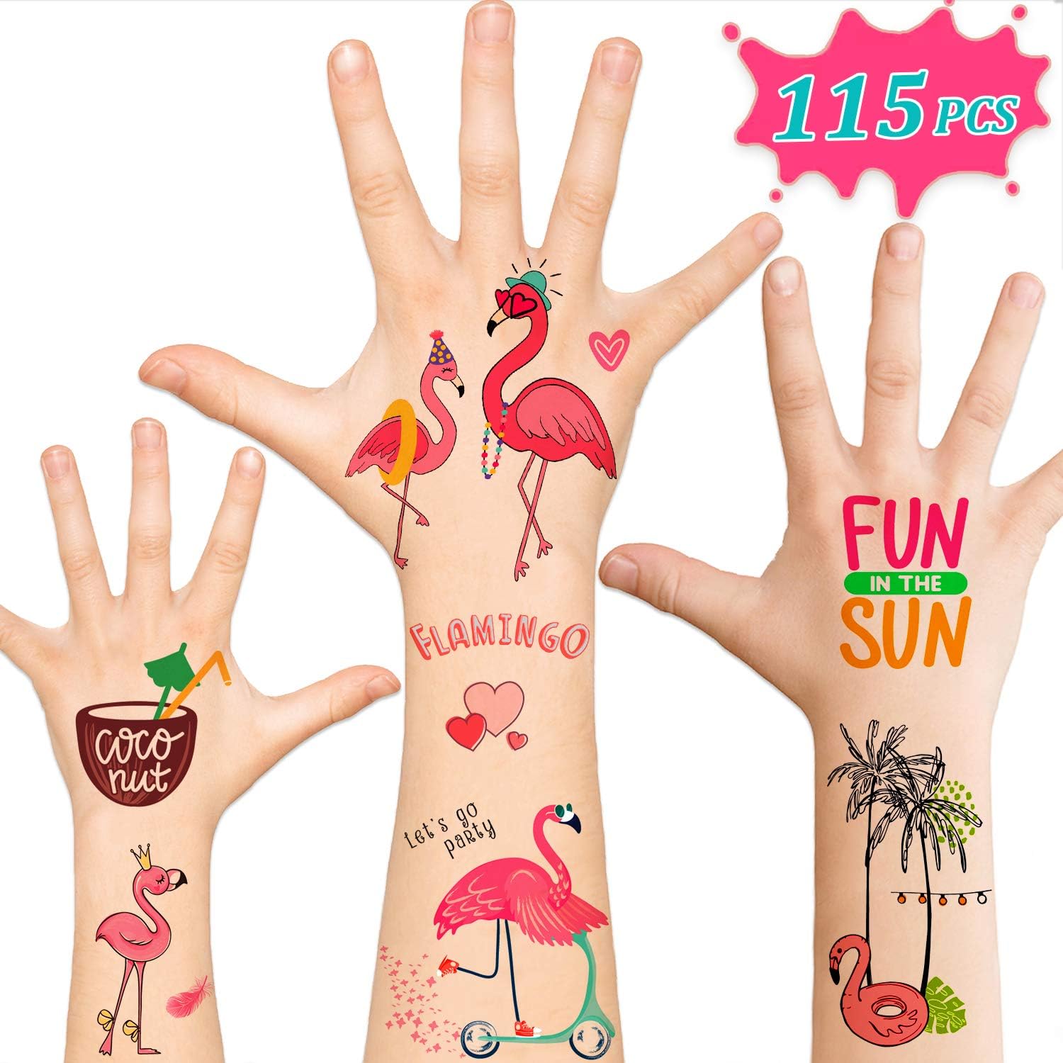 Leesgel 115pcs Hawaiian Luau Flamingo Temporary Tattoos for Kids, Flamingo Party Supplies Favors Decorations, Hawaiian Tropical Pool Beach Tattoo Stickers for Boys Girls