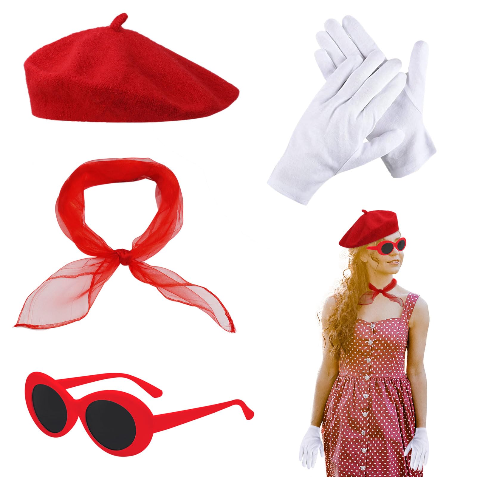 TSHAOUN 4 piece French Women set, with Red Beret Scarf Sunglasses Gloves,Fancy Dress Costume Accessories Set French Artist Mime Kit,for Girls Cosplay Party Supplies School Dress Up Day (Red)