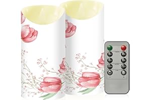 Kigai Watercolor Tulips LED Flameless Candles Flickering Plastic Pillar Candles Battery Operated Votive Candle with Remote Co