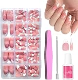 EONFAVE False Nail Tips Kit 240pcs Almond Press On Nails 15 Sizes Nude Pink