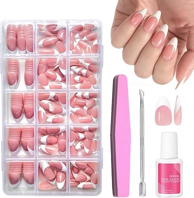 EONFAVE False Nail Tips Kit 240pcs Almond Press On Nails 15 Sizes Nude Pink
