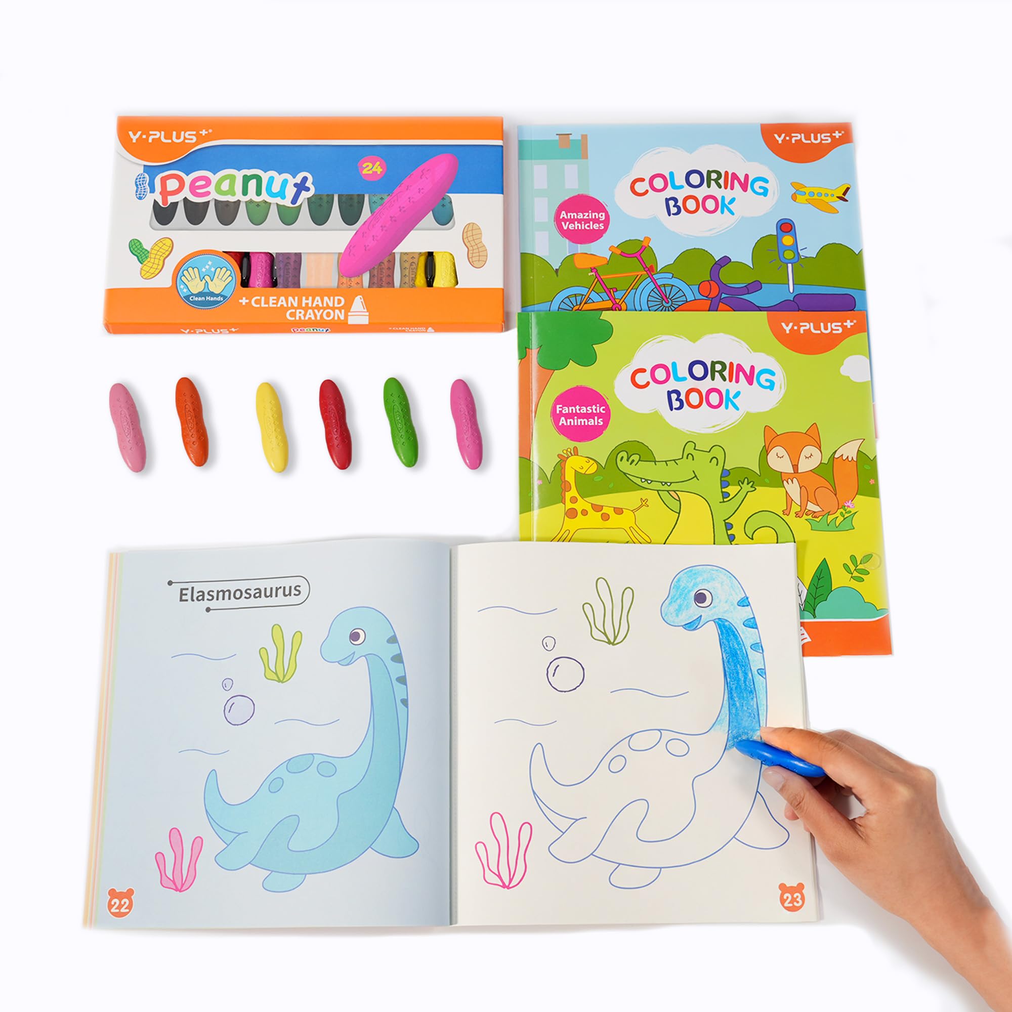 YPLUS 24 Colours Peanut Crayons with 3 Painting Books for Kids, Washable Toddler Crayon, 3 Themes Drawing Books, Non-Toxic Baby Crayons for ages 2-4, 1-3, 4-8, Coloring Art Supplies