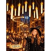 WEIBOLT Flameless Floating Candles with Wand，12 Pcs Magic LED Hanging Taper Candles，Flickering Battery Operated Taper Candle with Wand Remote for Halloween Decorations