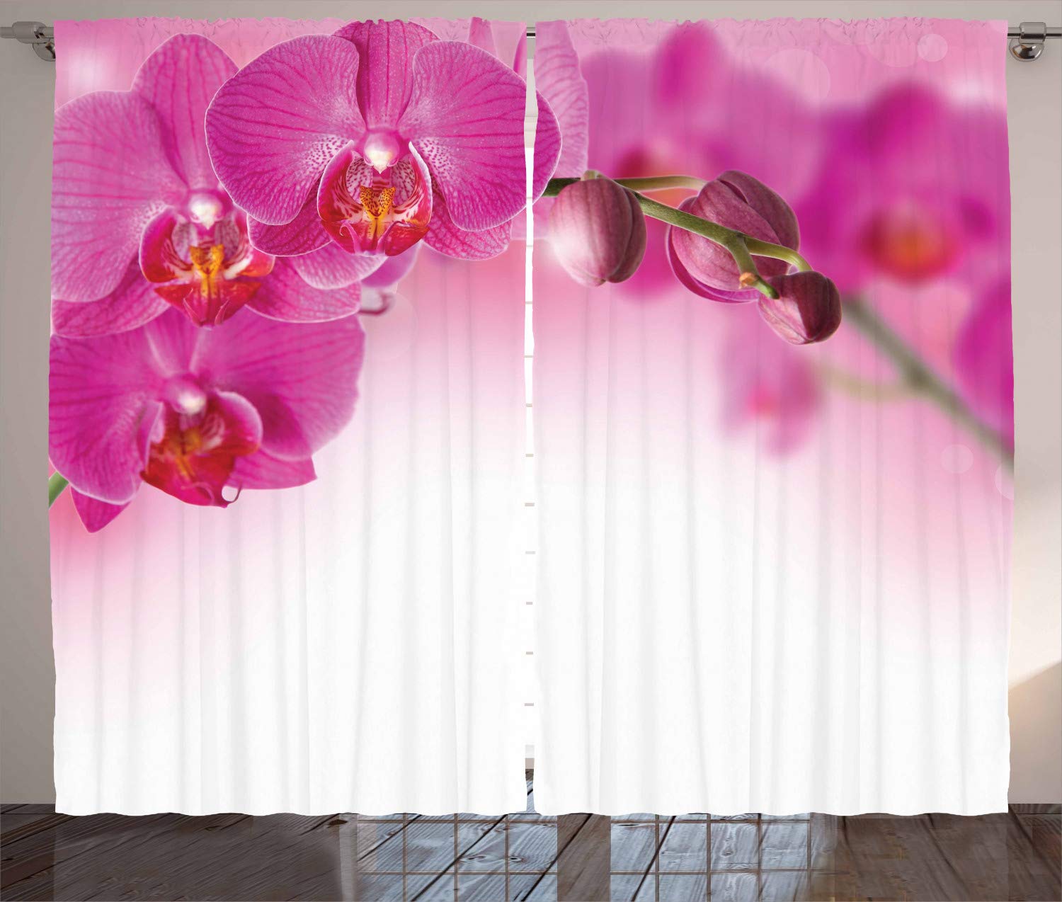 ABAKUHAUS Spa Curtains, Blossoming Orchid Branch Exotic Nature with Feng Shui Elements Spa Garden Botany, Living Room Bedroom Window Drapes 2 Panel Set, 96 L X 110 W, Multicolor