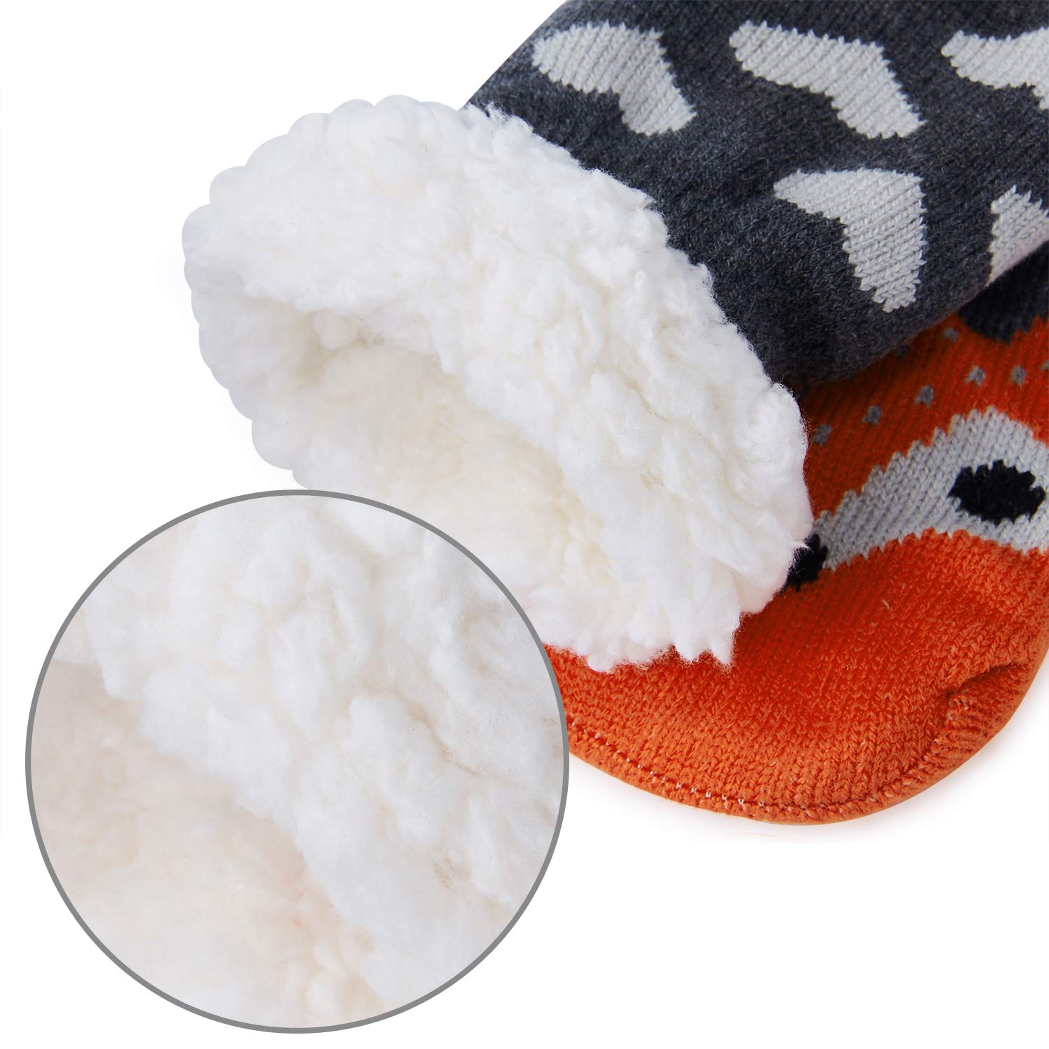RAISEVERN Girls 3D Animal Printed Fluffy Slipper Socks Cute House Anti Slip Lounge Socks Gray Heart Orange Fox Boys Christmas Holiday Festive Crazy Cozy Warmth Kniting Hosiery With Sherpa Lining