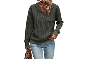 SHEWIN Women's Hoodies Casual Long Sleeve Quilted Half Button Drop Shoulder Pullover Tops Loose Drawstring Hooded Sweatshirt