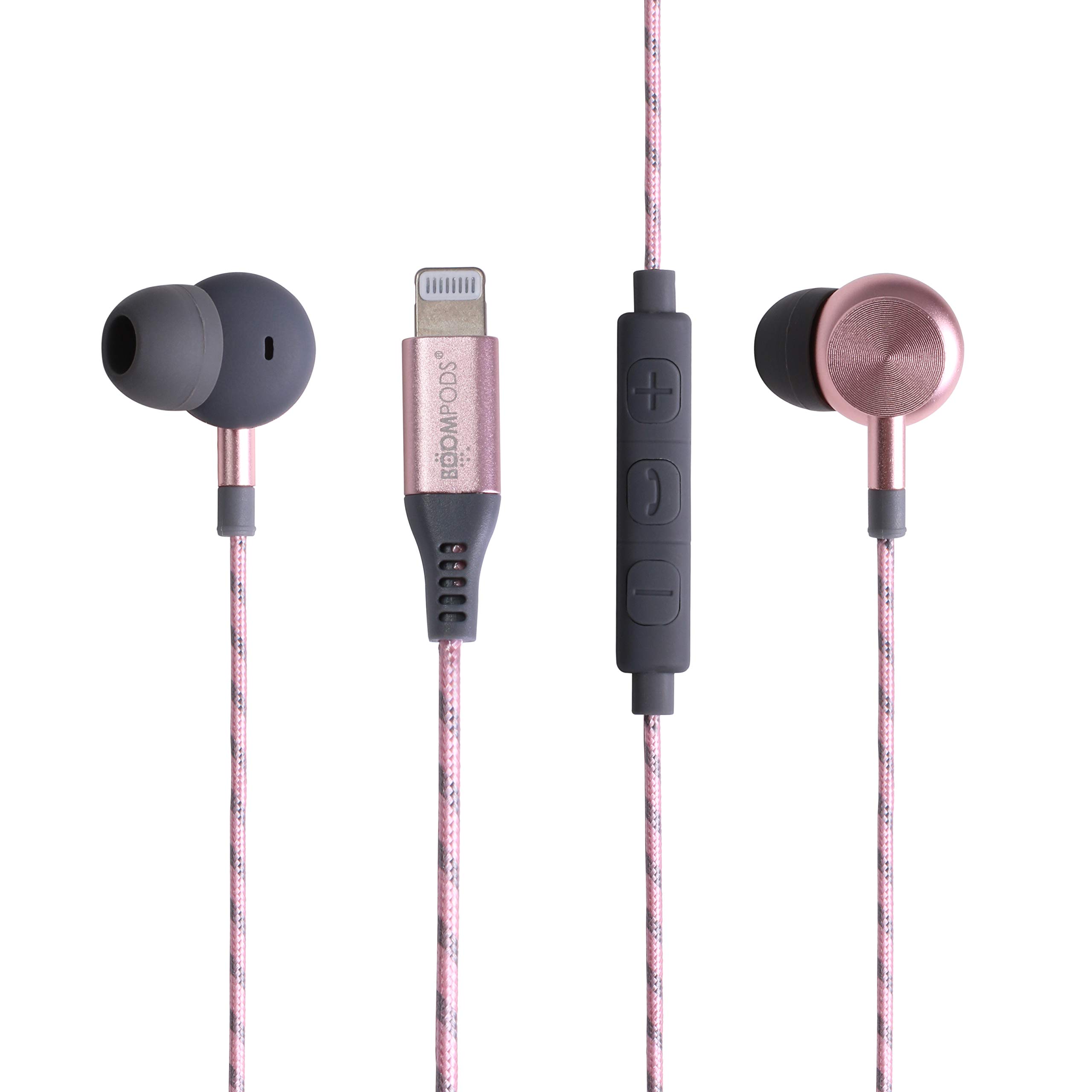 Boompods Digibuds Lightning MIFI Earbuds - Best in-Ear Digital Earbuds with Lightning Connector for iPhone and iPads, Fabric Braided Cable, Sweatproof, with Wired Inline Controls Rose Gold