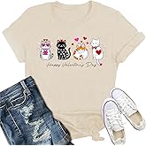 IFQ Valentines Day Shirts Women Cute Cat Pet Lover T-Shirt Love Heart Valentine Tee Tops