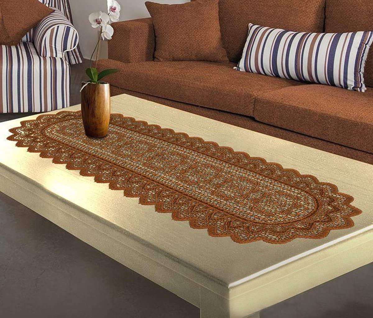 MforStyle Table Runner Lace White or Brown or Antique Gold (C - Brown)