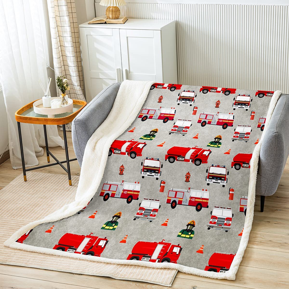 Loussiesd Kids Fireman Fleece Throw Blanket Fire Engine Firefighter Sherpa Blanket Red Fire Truck Vehicle Pattern Fuzzy Blanket For Bed Sofa Plush Blanket Single 50x60 Inch