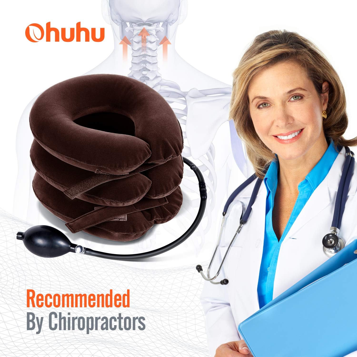 Ohuhu Neck Cervical Traction Collar Device for Neck Shoulder Back Head Pain Relief Inflatable Spine Alignment Pillow, Brown Father's Day Gift: Health & Personal Care