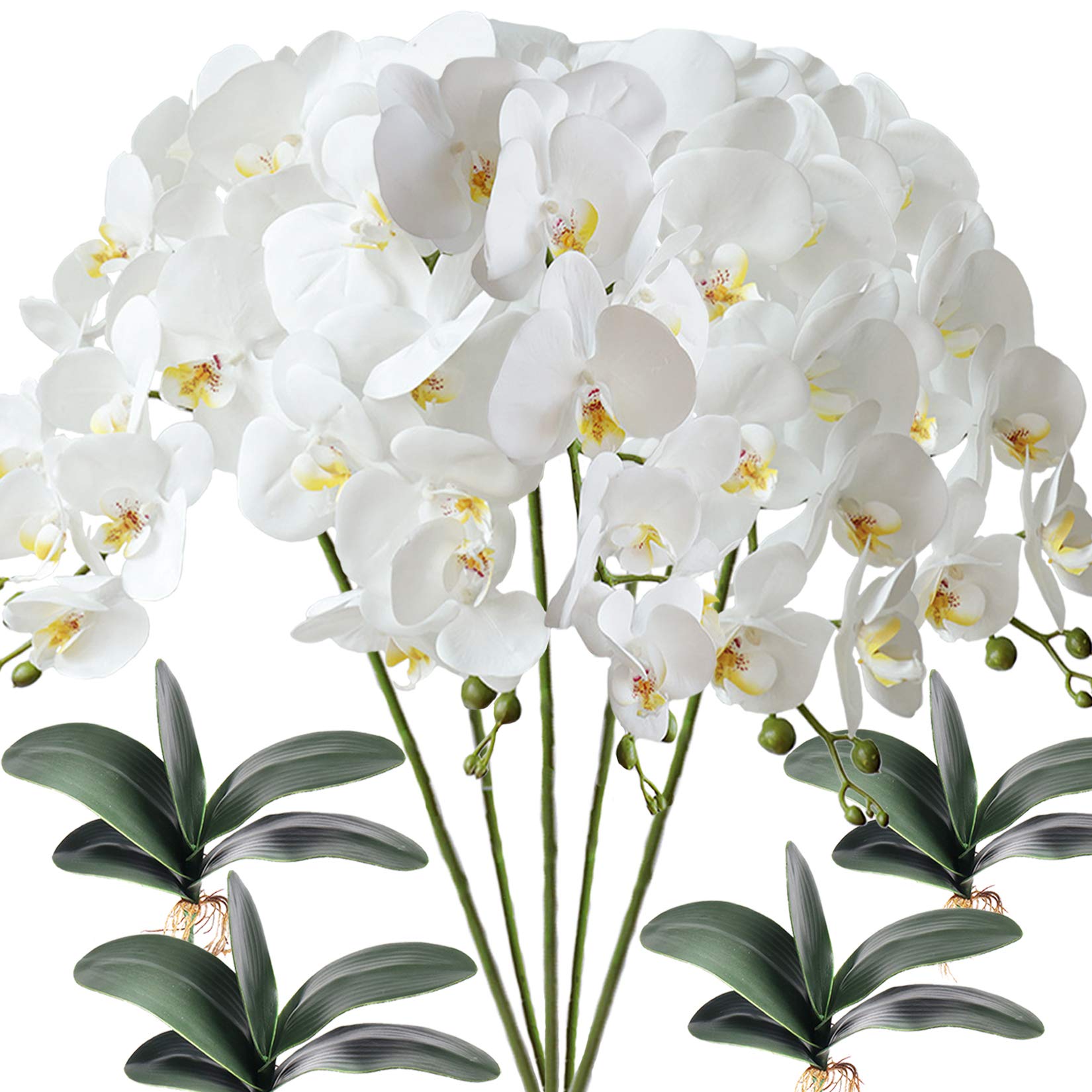 FagusHome 5 Pcs Artificial Phalaenopsis Flowers with 4 Bundles Leaves Artificial Orchid Flowers Stem Plants for Home Décor