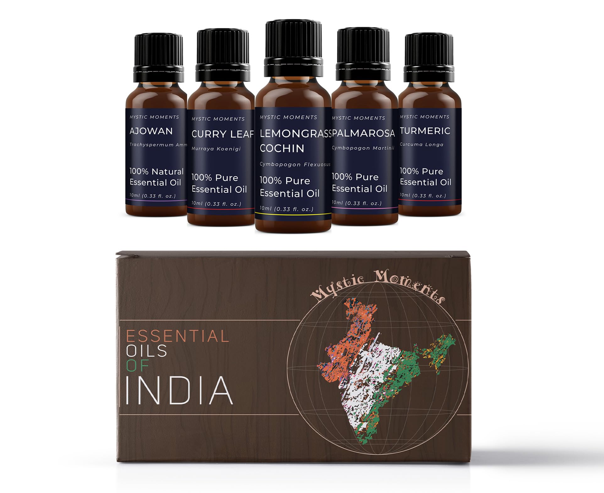 Mystic Moments | Essential Oils of India Gift Starter Pack | 5 x 10ml Pure Aromatherapy Oils – Patchouli Pogostemon cablin, Sandalwood, Ginger, Black Pepper & Jasmine | Warm Exotic Home Ambience