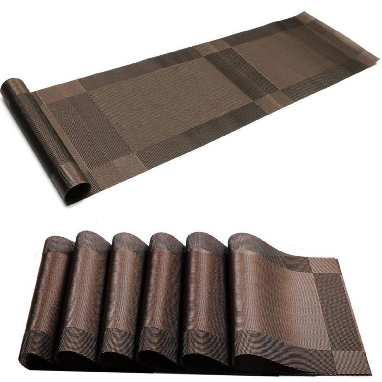 Xmkuwa Placemats, Washable PVC Table Mats, Woven Vinyl Placemat for Dining Table Place Mats Set (6 Placemats and 1 Table Runner, Brown) — image 1