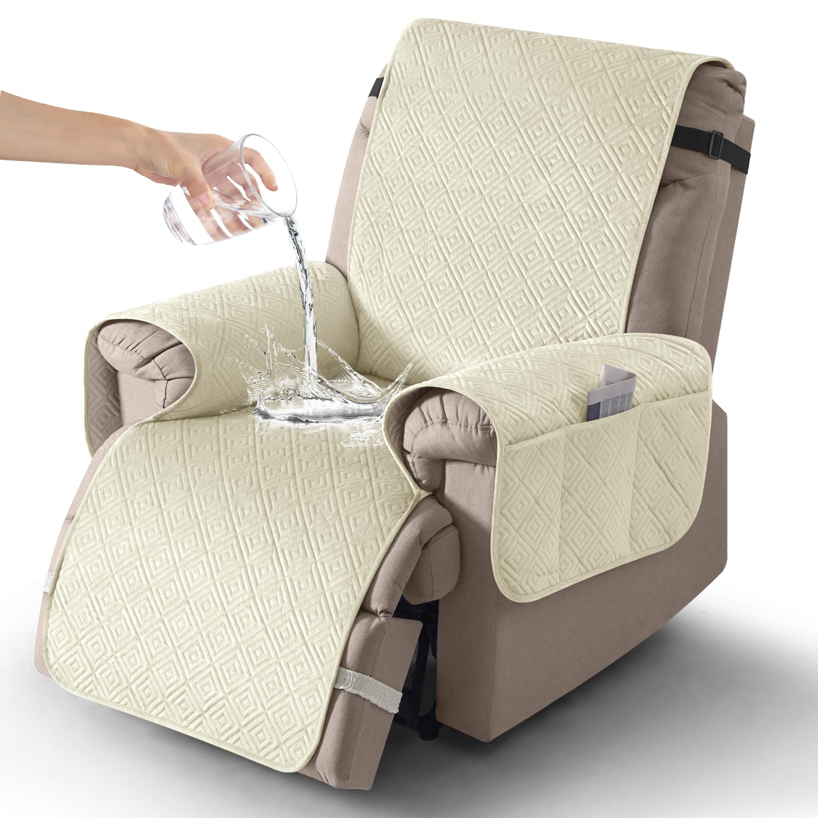 Timeles Velvet Recliner Chair Cover, 100% Waterproof Recliner Covers That Stay in Place with Pocket for Pets & Dogs (Medium: 25", Cream)