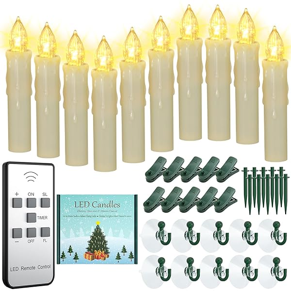 PCHERO WINDOW CANDLES, 10 PACKS WARM WHITE BATTERY OPERATED WATERPROOF LED FLAMELESS TAPER IVORY FLOATING CANDLES WITH REMOTE TIMER AND DIMMABLE, IDEAL FOR HOME INDOOR OUTDOOR CHRISTMAS TREES DECOR