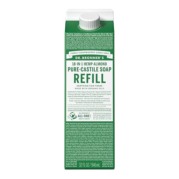 DR. BRONNER’S – PURE-CASTILE LIQUID SOAP REFILL, 82% LESS PLASTIC PER QUART, MADE WITH ORGANIC OILS, 18-IN-1 USES, FOR FACE, BODY, HAND SOAP REFILL, HAIR, LAUNDRY, PETS & DISHES (32OZ, ALMOND)
