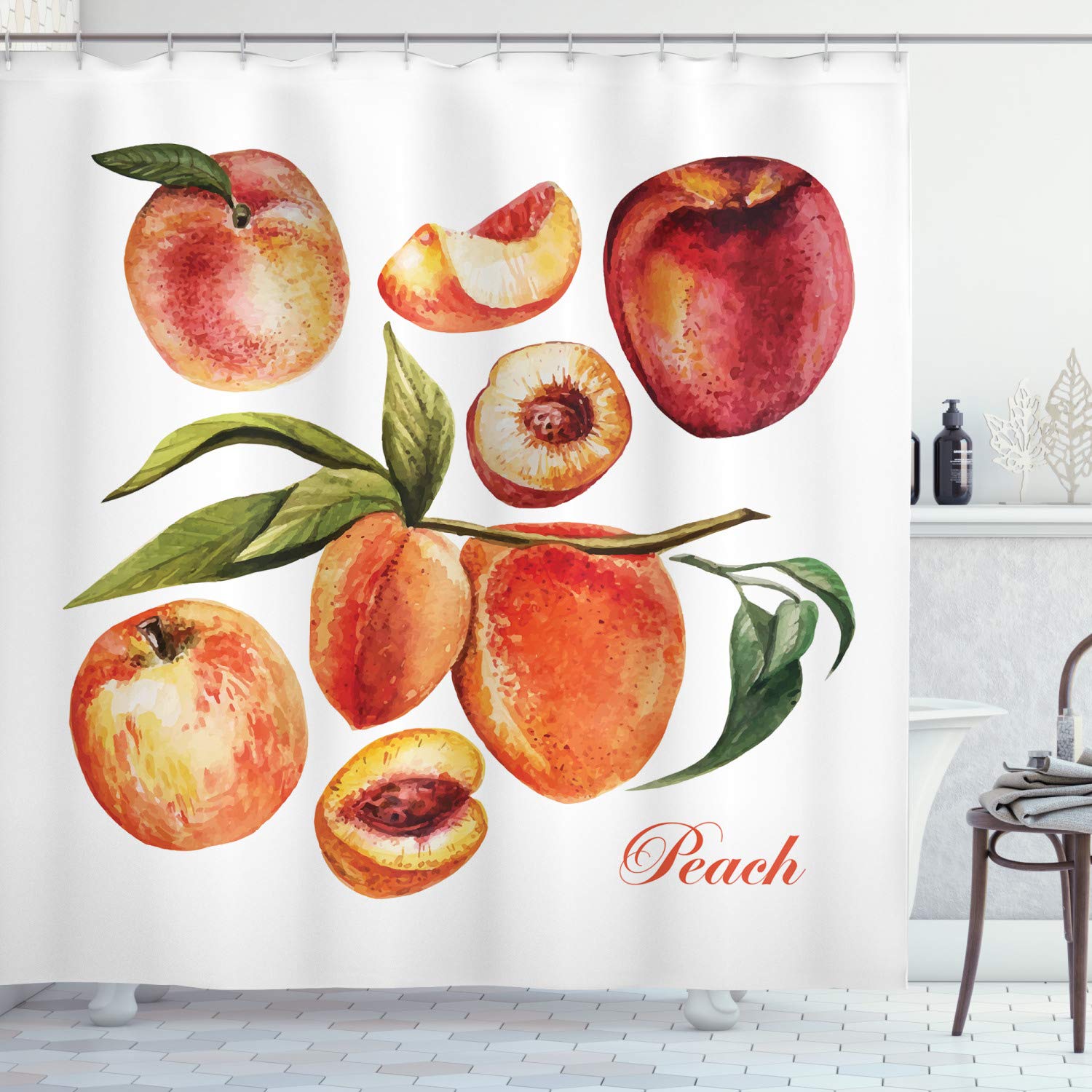 ABAKUHAUS Peach Shower Curtain, Artwork with Natural Inspiration Delicious Nectarines for a Healthy Diet Theme, Cloth Fabric Bathroom Decor Set with Hooks, 175 x 180 cm, Orange Red Green — image 1