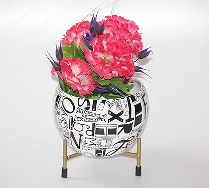Elegant Crafts India Indoor Plant Pot or Table Planter with Rust Free Metal Stand for Indoor and Outdoor Gardening Plants Pack of 1 Width X Height 06X06 Inches (Black and White Alphabetic Design)