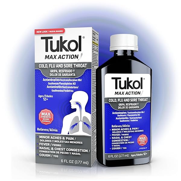 TUKOL MAX ACTION – COUGH & COLD MEDICINE, COLD & FLU MEDICINE FOR ADULTS, RELIEVES SORE THROAT, FEVER, NASAL & CHEST CONGESTION, AGES 12 AND UP, MAX STRENGTH FORMULA, 6 FL OZ