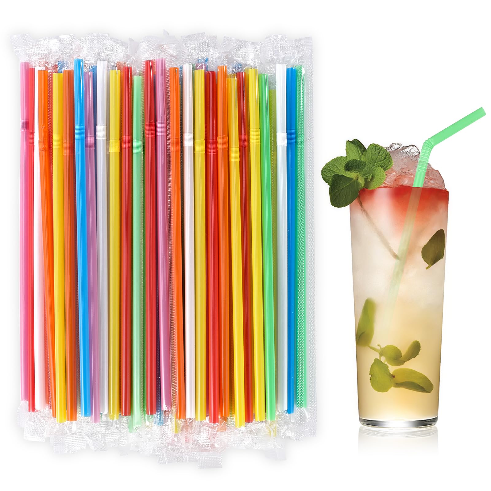 Photo 1 of [Individually Wrapped] 100Pcs Disposable Flexible Drinking Straws - 8.26 Inches Long 0.24 inch Colorful Bendy Plastic Straws for Hot/Cold Drinks,Juice,Coffee,Cocktail