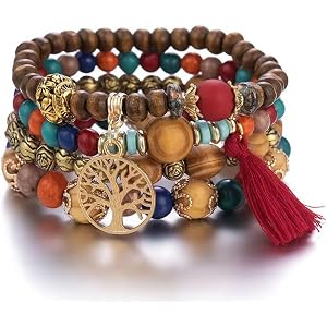 4Pcs/Set Bohemian Wood Beaded Bracelet Set, Vintage Multilayer Elastic Tassel Bracelets with Turquoise, Handmade Boho Jewelry
