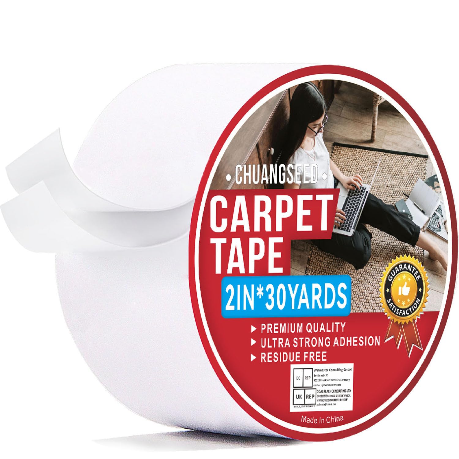 CHUANGSEED 1Rolls Heavy Duty Double Sided Carpet Tape 2in X30Y suitable for such as fixing carpets, tiles, wood, mats & waterproof and non-slip design (2x30Yards)