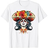 De Los Muertos La Catrina Sugar Skull Floral Skull Mexican T-Shirt