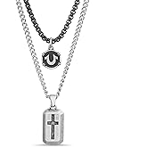 True Religion Horseshoe Black Cross Dog Tag Pendant 22 Inch Long Chain Necklace for Men Stainless Steel