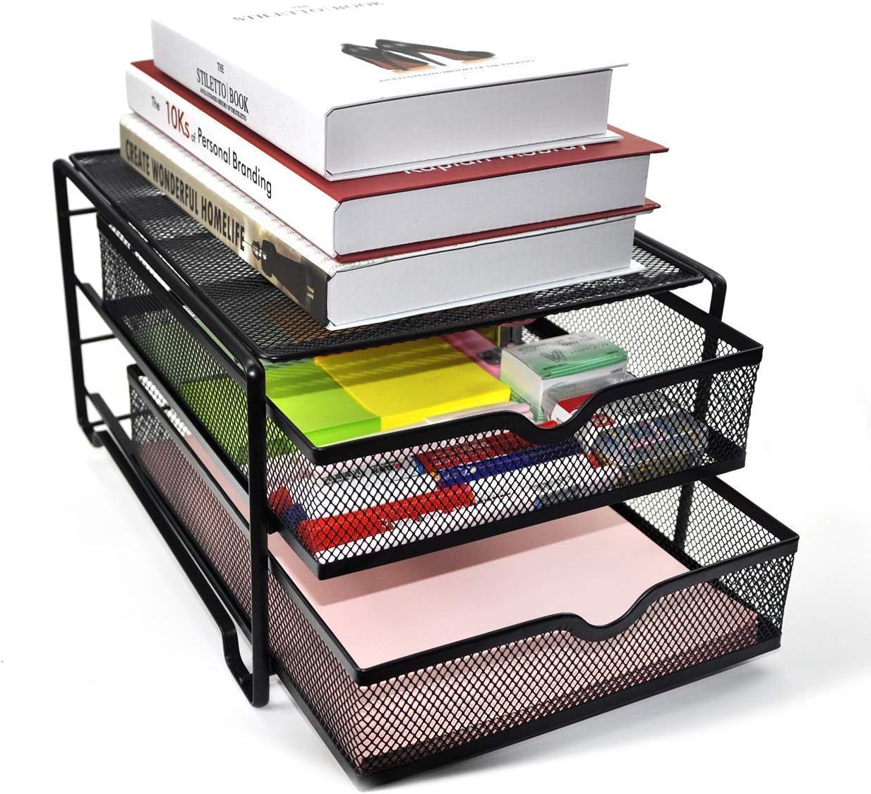 Reliatronic Upgraded 2 Tier Desk Organizer, Mesh File Organizer with 2 Drawers, Premium Solid Construction Letter Trays, Black