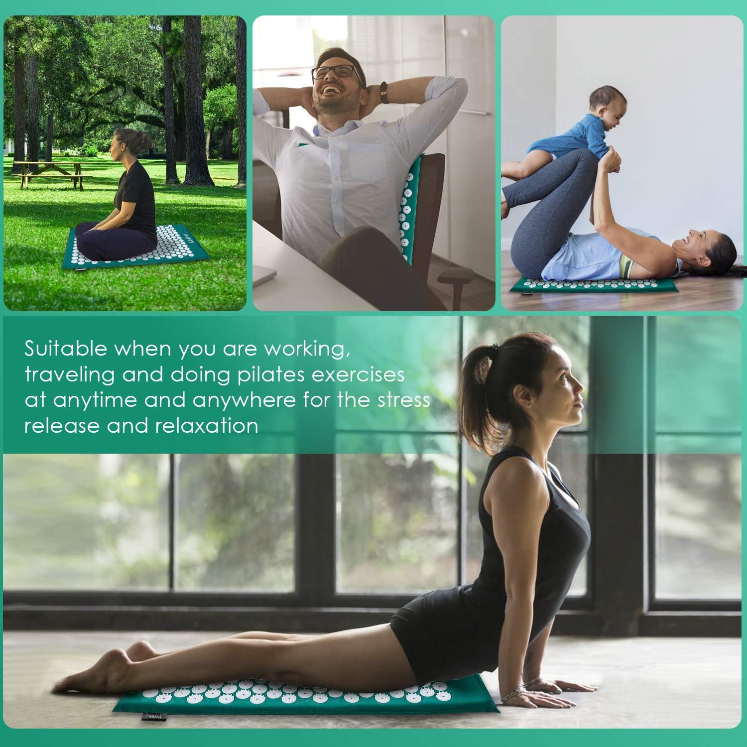 INTEY Wellness Therapy Acupressure Mat Set, Help Release Muscle Pain and Tension, Acupuncture Mat and Pillow Cushion for Back/Neck Massage with Carry Bag (Dark Green): Health & Personal Care