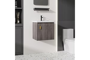 Albriya 20'' Bathroom Vanity with Ceramic Sink Combo, Wall Mounted Small Bathroom Vanity with Soft-Close Door Modern Floating Cabinet, Pop-up Drain, P-Trap Included, GreyWalnut(No Faucet)