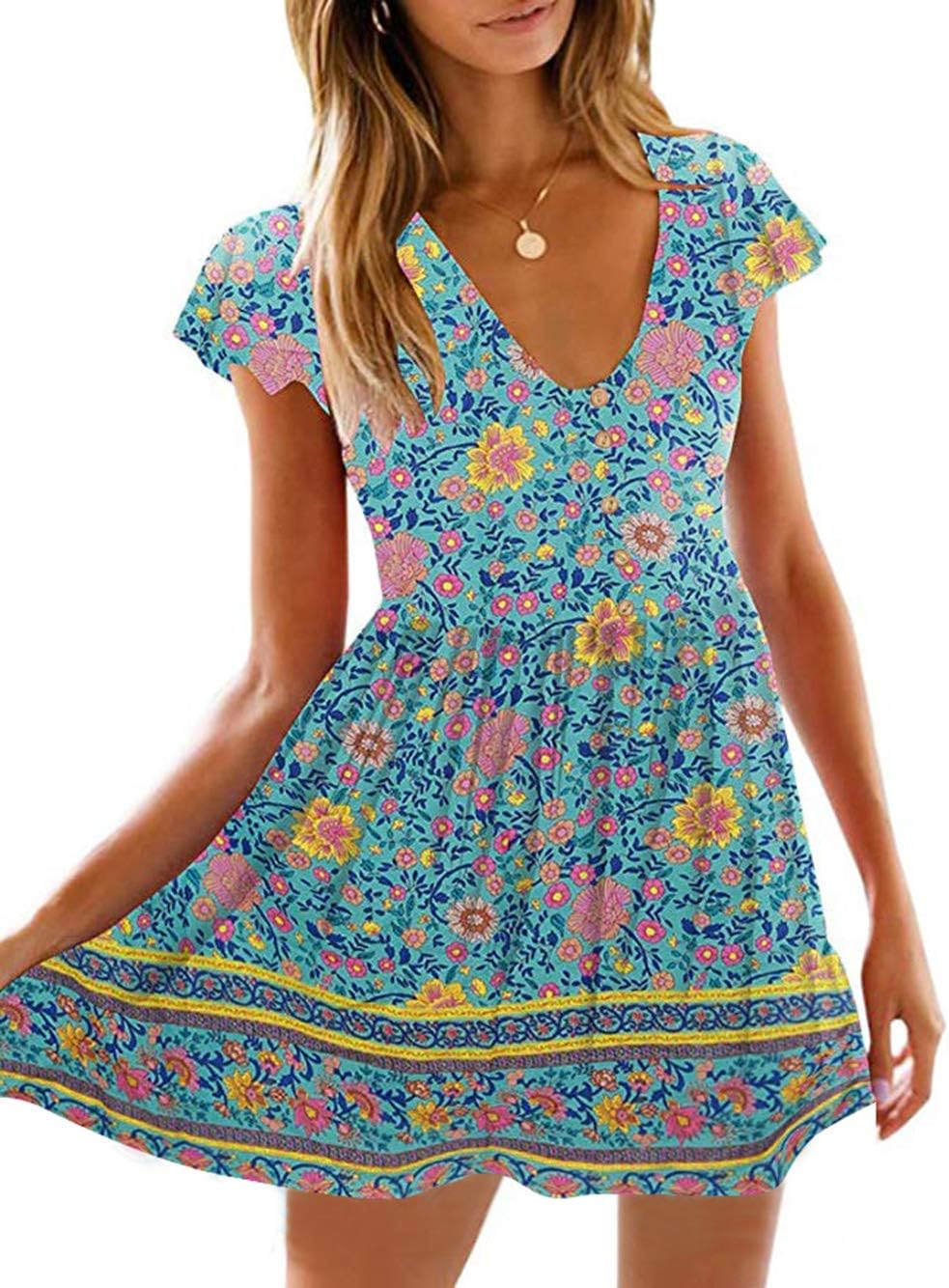 KIRUNDOWomen's 2023 Summer Short Sleeve V Neck Bohemian Floral Print Mini Dress Ruffle Swing A Line Beach Sundress