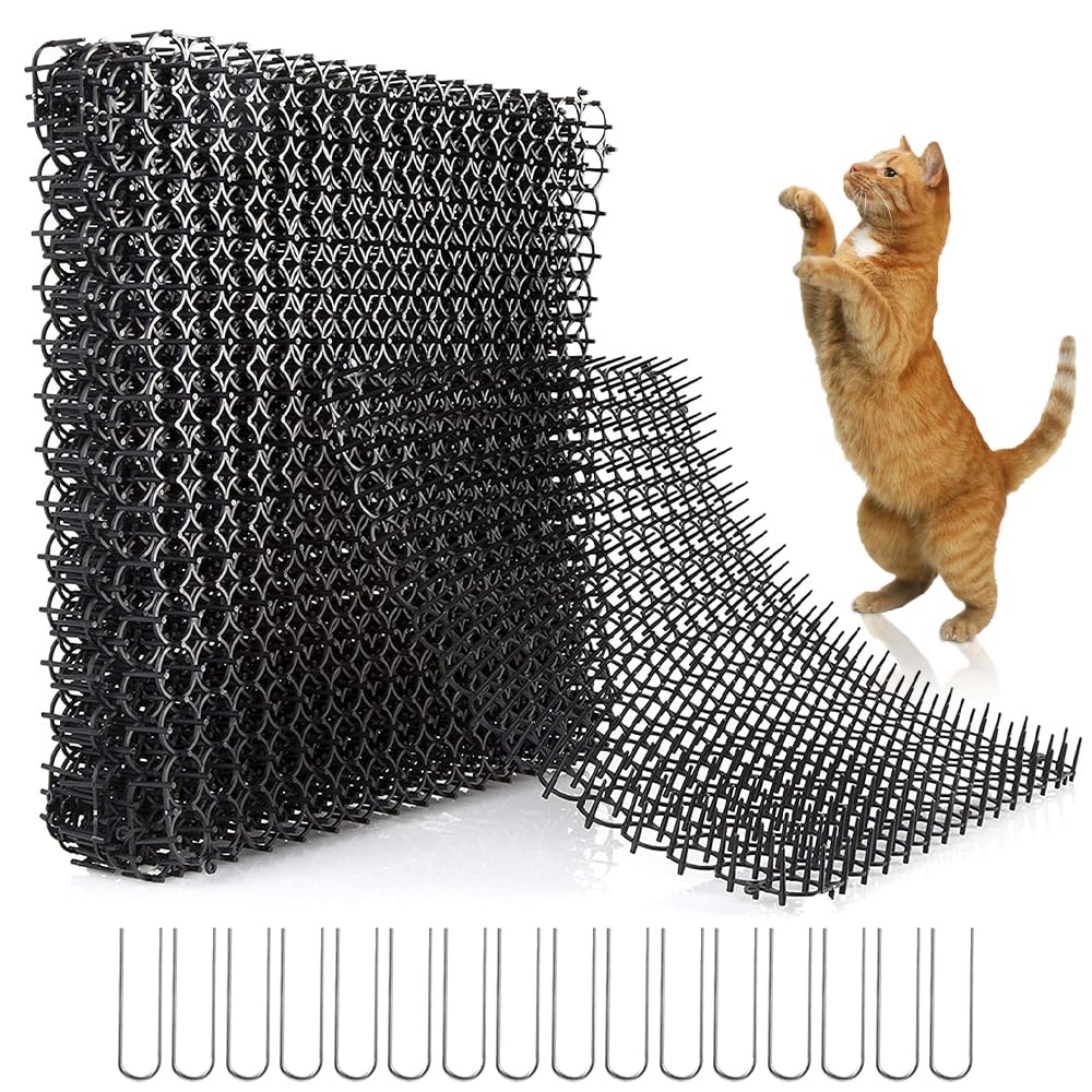 Wzhtuzi Thorn Grid Against Cats, Anti Cat Mat, Animal Barrier with Spikes, Pack of 16, 15 x 20 cm, Cat Repellent Mat, with 8 U-Shaped Ground Anchors, for Garden, Cat Repellent for Indoor and Outdoor