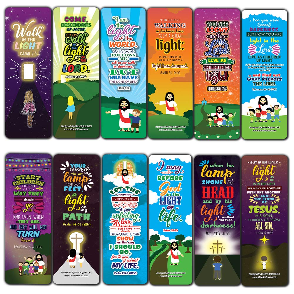 Walk in The Light Bible Verse Bookmarks (12-Pack) - VBS Sunday School Easter Baptism Thanksgiving Christmas Rewards Encouragement Gift