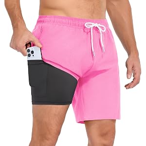 Vocanbomor Men's 7" Swim Trunks Quick Dry Compression Liner | 2 in 1 Anti Chafe Liner, Water Repellent, Zip Pockets, Inner Ph