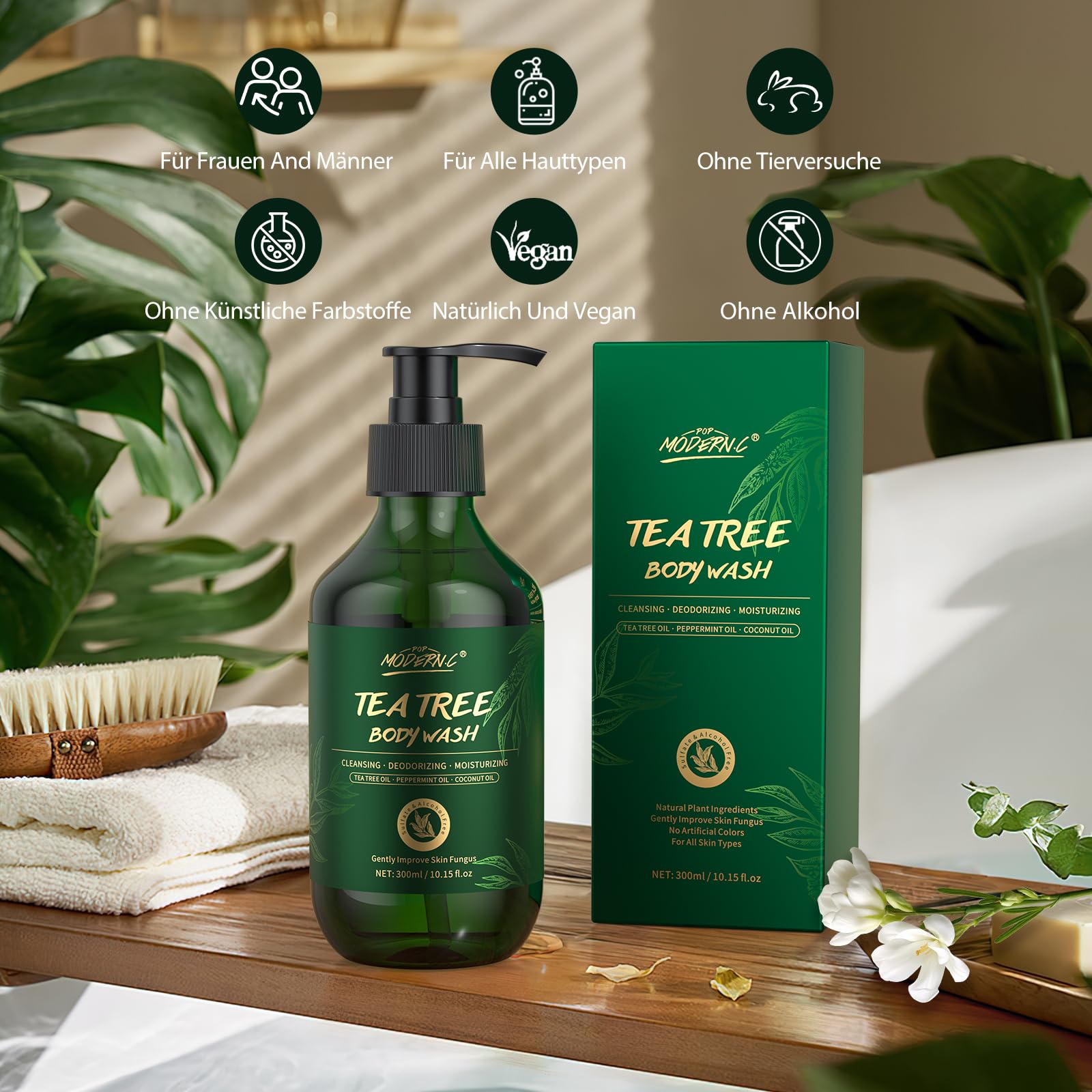 ‎Teebaum-Duschgel, Lindert Hautpilz, juckende Haut, Leistenflechte, Fußpilz, Ekzeme und Körpergeruch, Teebaum Körperwäsche mit Pfefferminzöl und Kokosöl, Duschgel mit Pumpe für Männer Frauen, 300 ml 6