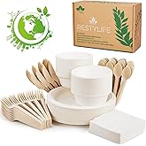 RESTYLIFE 300pcs Compostable Paper Plates Set - Heavy-Duty Biodegradable Plates, Bowls & Cutlery - Ideal for Parties, Weddings, Picnics, Camping - Eco-friendly, Safe, BPA Free, Microwave Safe