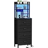 Furnulem Tall Nightstand, LED Night Stand with Charging Station and USB Ports, 4 Fabric Drawers and 4 Tier Storage Shelf, Nightstands Bedside Tables for Bedroom, Dorm, Office (Black Oak)
