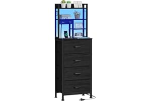 Furnulem Tall Nightstand, LED Night Stand with Charging Station and USB Ports, 4 Fabric Drawers and 4 Tier Storage Shelf, Nightstands Bedside Tables for Bedroom, Dorm, Office (Black Oak)