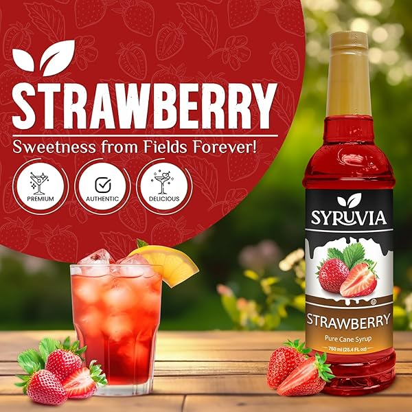 SYRUVIA STRAWBERRY SYRUP, FLAVORED SYRUP FOR DRINKS, COCKTAILS, LEMONADES, ICED TEAS, AND DESSERTS – 25.4 FL OZ